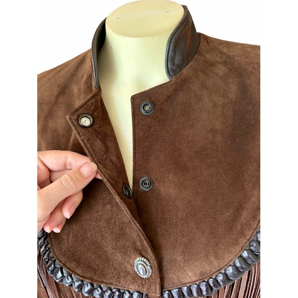 Cache Brown Suede Leather Fringe Western Crop Jacket Concho Buttons Vintage - Picture 8 of 13
